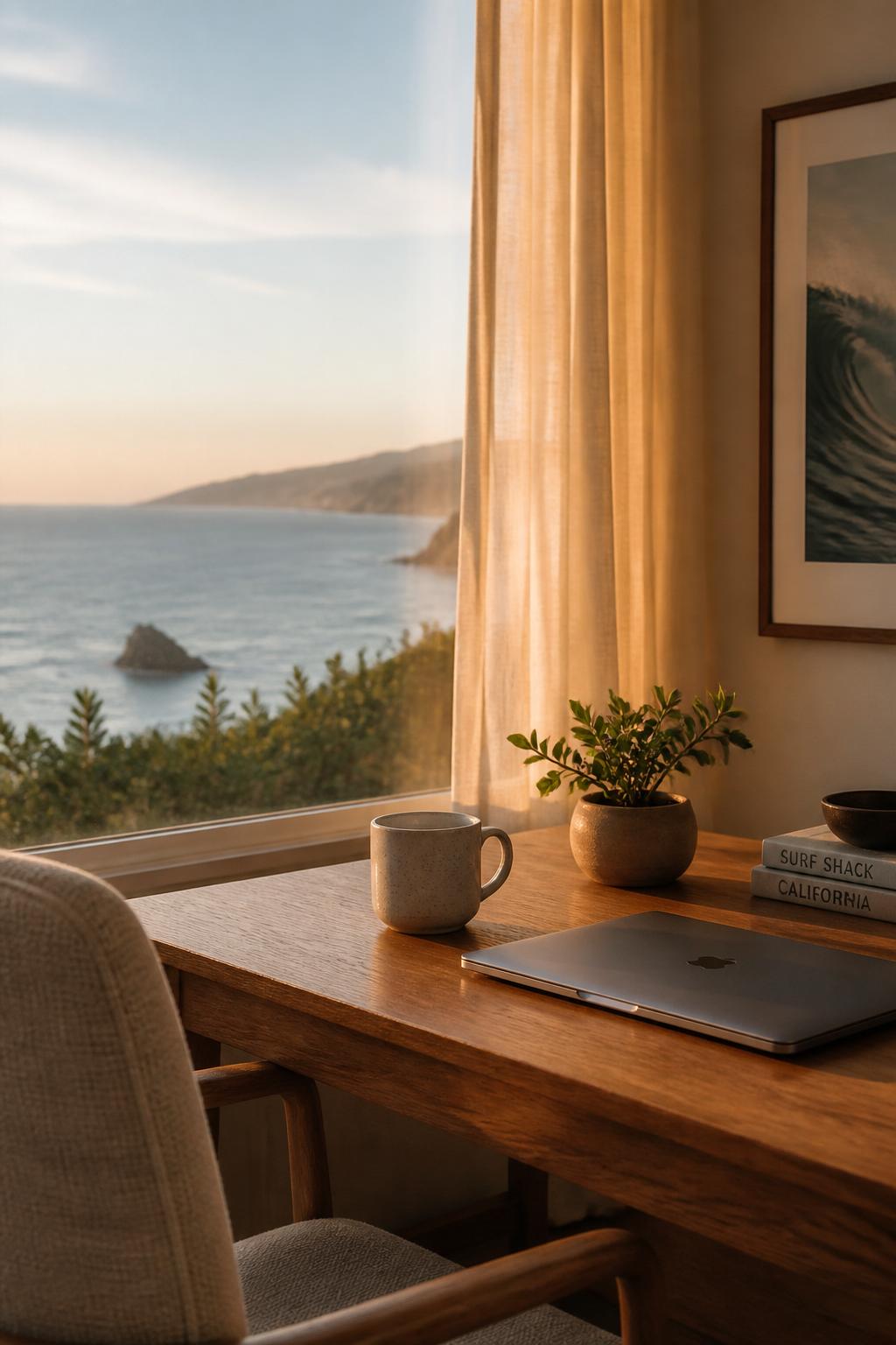 A quiet Malibu home office with ocean light